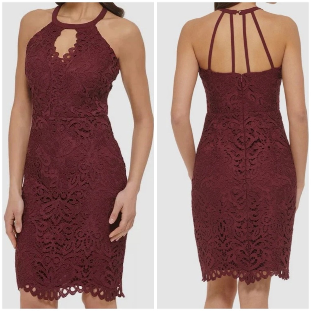 NWT Guess Women's wne red Lace Keyhole Floral Round Neck Sheath Dress Size 6